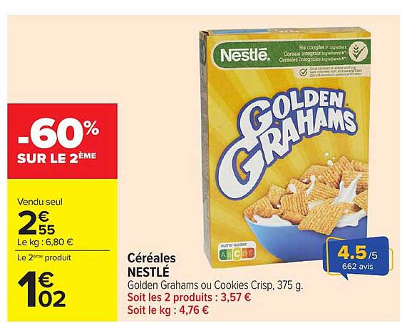 Céréales NESTLÉ Golden Grahams ou Cookies Crisp, 375 g