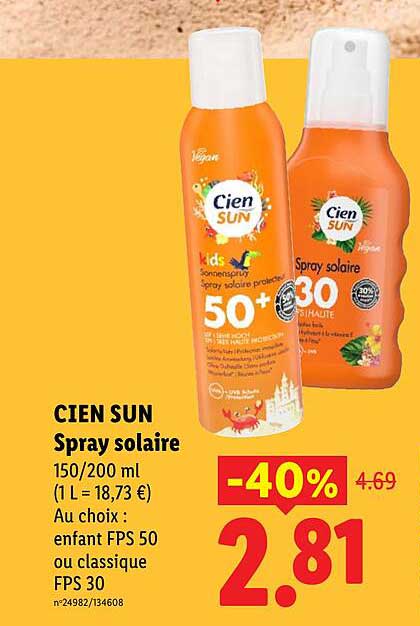 CIEN SUN Spray solaire 150/200 ml (1 L = 18,73 €) Au choix : enfant FPS 50 ou classique FPS 30
