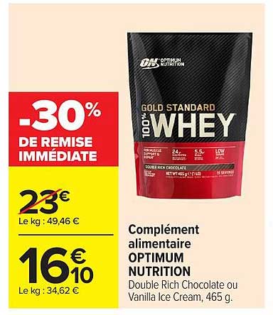 Complément alimentaire OPTIMUM NUTRITION Double Rich Chocolate ou Vanilla Ice Cream, 465 g.