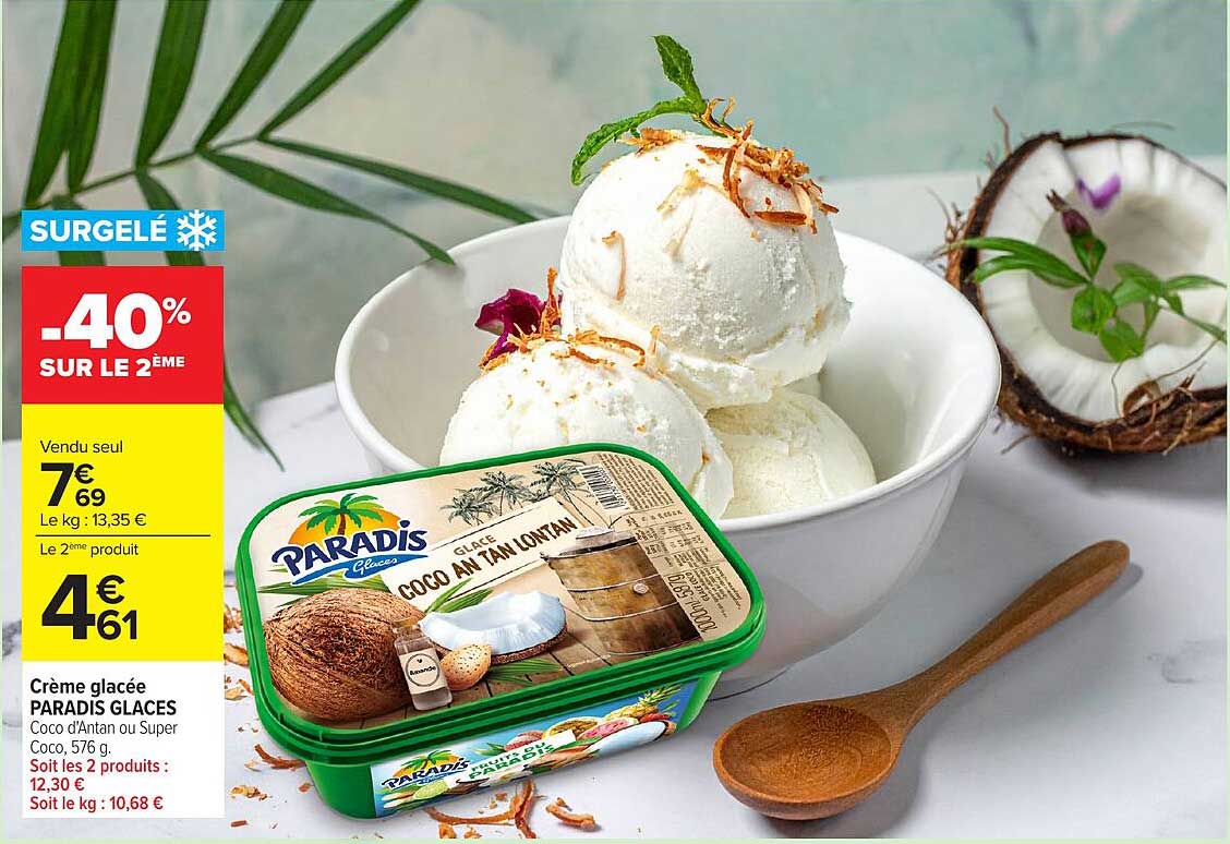 Crème glacée PARADIS GLACES Coco d'Antan ou Super Coco, 576 g.
