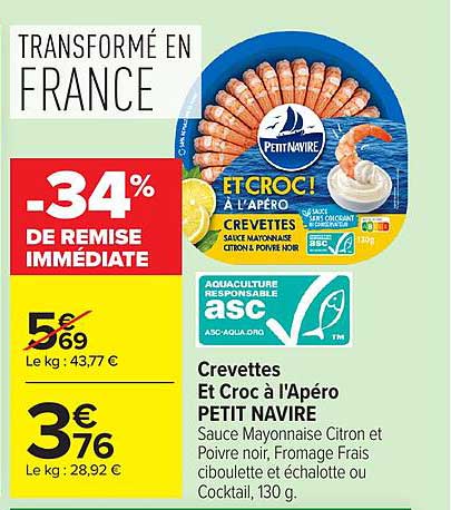 Crevettes Et Croc à l'Apéro PETIT NAVIRE Sauce Mayonnaise Citron et Poivre noir, Fromage Frais, Échalotte ou Cocktail, 130 g.