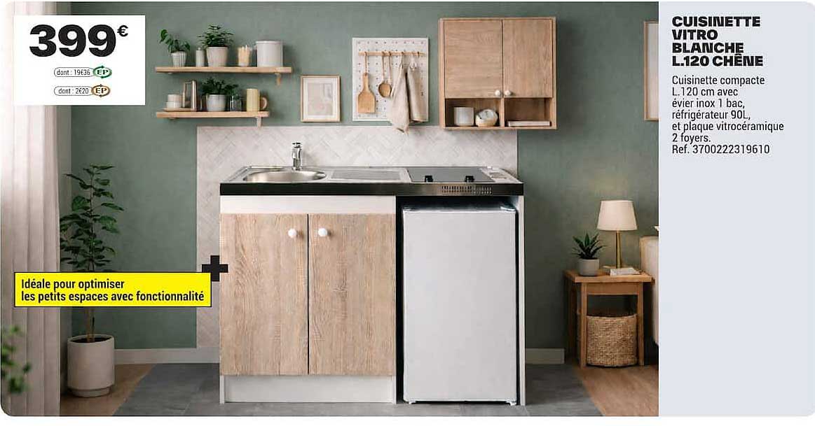 CUISINETTE VITRO BLANCHE L.120 CHÊNE
