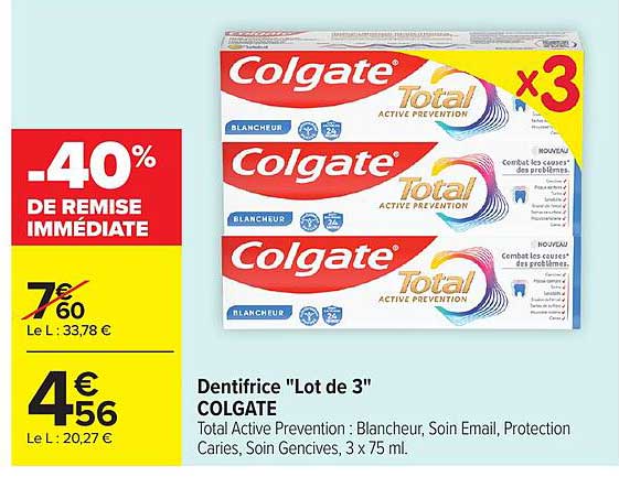 Dentifrice "Lot de 3" COLGATE Total Active Prevention : Blancheur, Soin Email, Protection Caries, Soin Gencives, 3 x 75 ml.