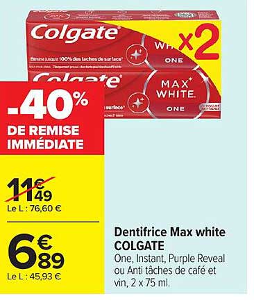 Dentifrice Max white COLGATE One, Instant, Purple Reveal ou Anti tâches de café et vin, 2 x 75 ml.