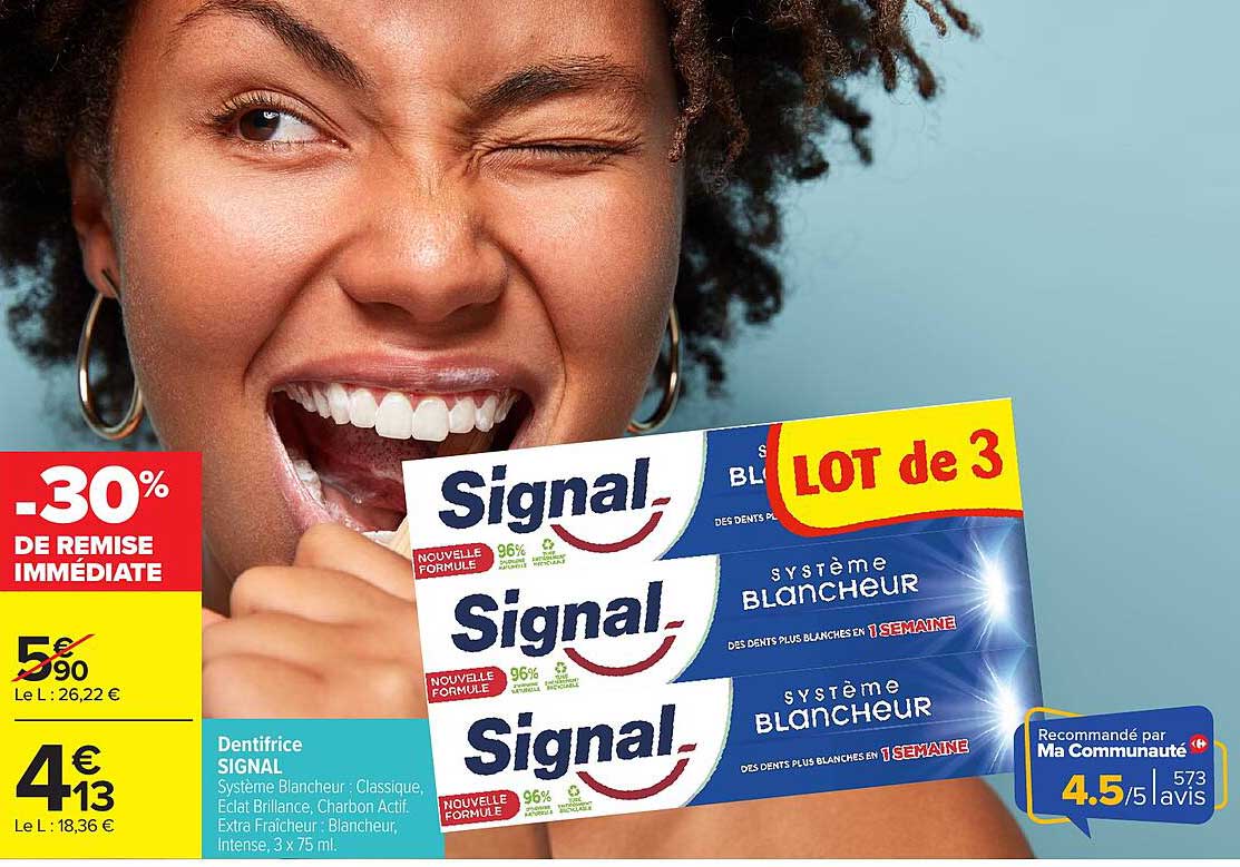Dentifrice SIGNAL Système Blancheur : Classique, Eclat Brilliant, Charbon Actif, Extra Fraîcheur, Blancheur Intense, 3 x 75 ml.