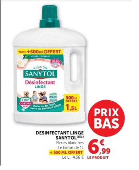 DESINFECTANT LINGE SANYTOL Fleurs blanches Le bidon de 1 l + 500 ML OFFERT