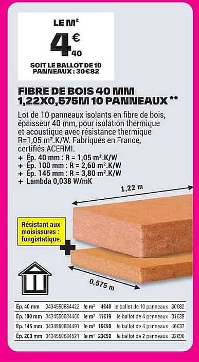FIBRE DE BOIS 40 MM 1,22X0,575M 10 PANNEAUX **
