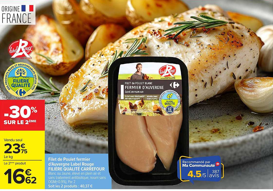 Filet de Poulet fermier d'Auvergne Label Rouge FILIÈRE QUALITÉ CARREFOUR