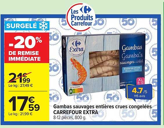 Gambas sauvages entières crues congelées CARREFOUR EXTRA 8-12 pièces, 800 g