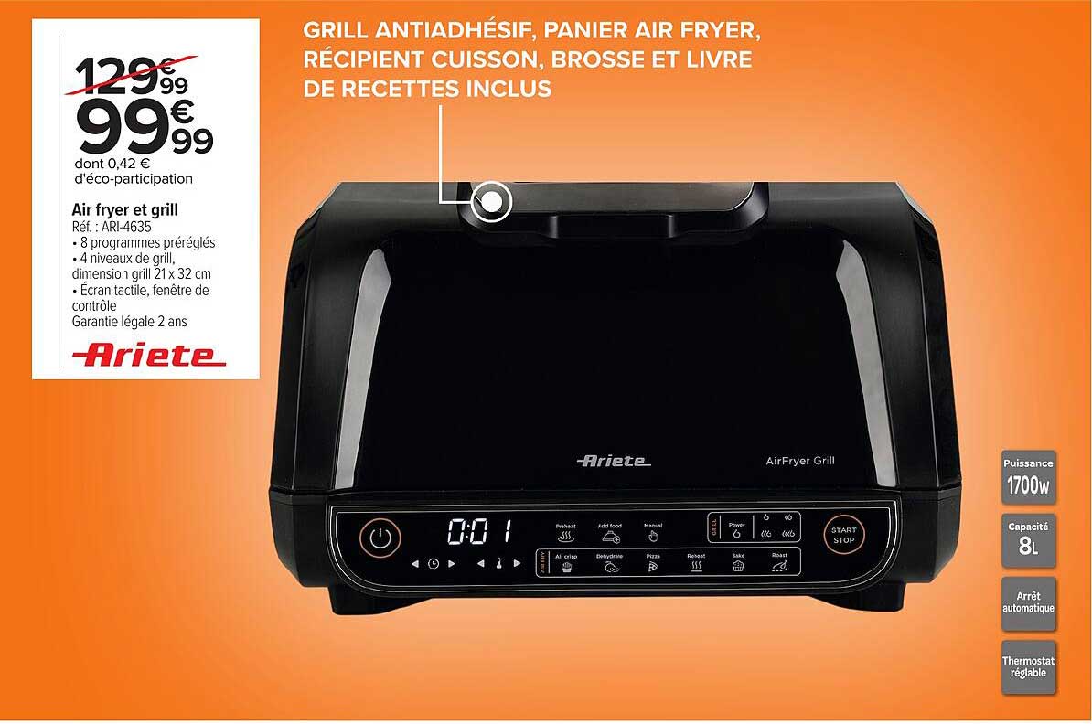 GRILL ANTIADHÉSIF, PANIER AIR FRYER, RÉCIPIENT CUISSON, BROSSE ET LIVRE DE RECETTES INCLUS