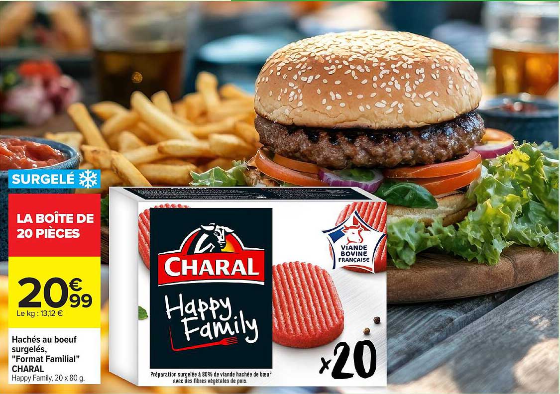 Hachés au boeuf surgelés, "Format Familial" CHARAL Happy Family, 20 x 80 g