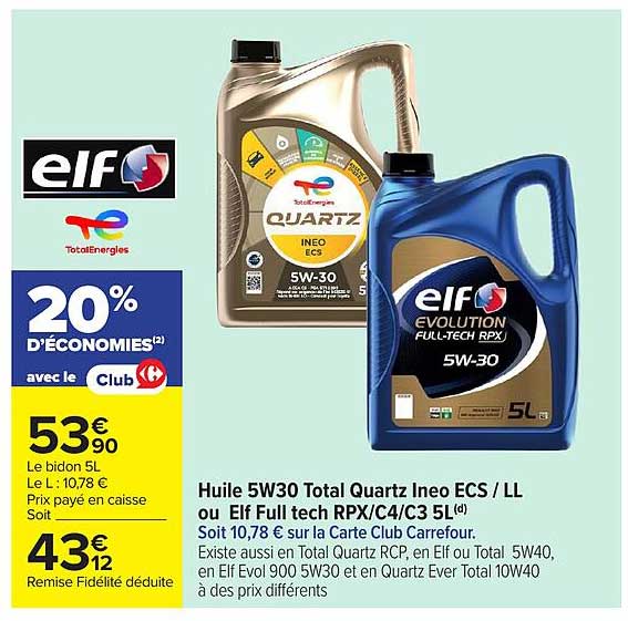 Huile 5W30 Total Quartz Ineo ECS / LL ou Elf Full tech RPX/C4/C3 5L