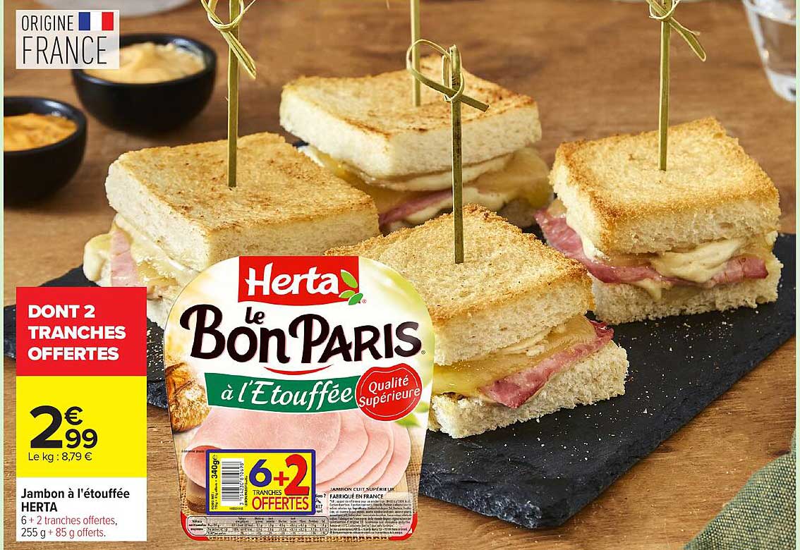 Jambon à l'étouffée HERTA 6 + 2 tranches offertes, 255 g + 85 g offerts.