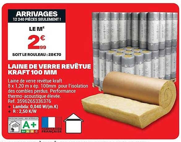 LAINE DE VERRE REVETUE KRAFT 100 MM