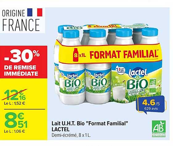 Lait U.H.T. Bio "Format Familial" LACTEL