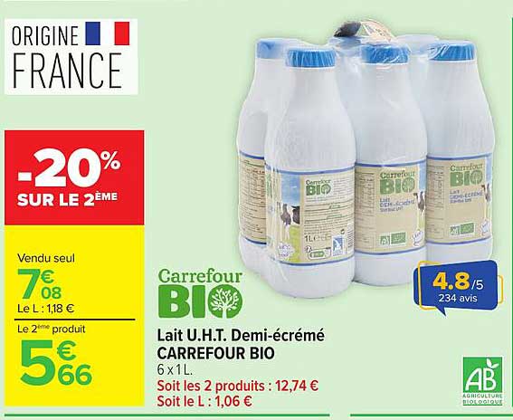 Lait U.H.T. Demi-écrémé CARREFOUR BIO
