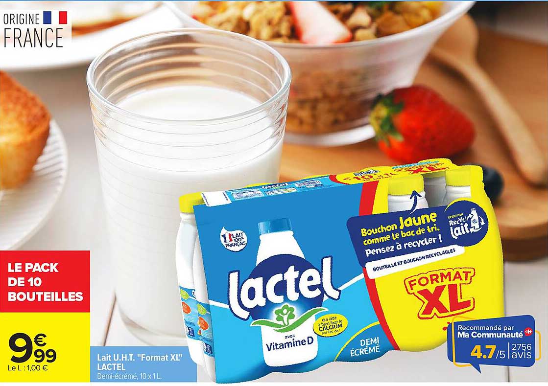 Lait U.H.T. "Format XL" LACTEL Demi-écrémé, 10 x 1L