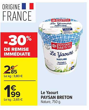 Le Yaourt PAYSAN BRETON Nature, 750 g.
