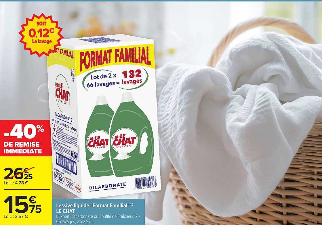 Lessive liquide "Format Familial" LE CHAT L'Expert Bicarbonate - 2 x 66 lavages, 2 x 2,97 L