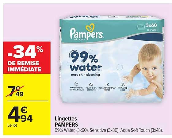 Lingettes PAMPERS 99% Water, (3x60), Sensitive (3x80), Aqua Soft Touch (3x48).