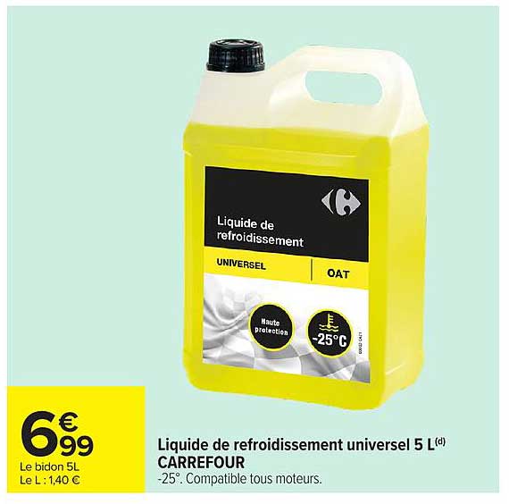 Liquide de refroidissement universel 5 L CARREFOUR -25°. Compatible tous moteurs.