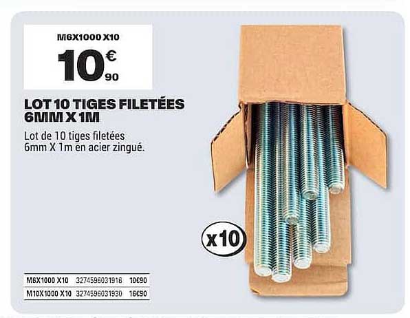 LOT 10 TIGES FILETÉES 6MM X 1M