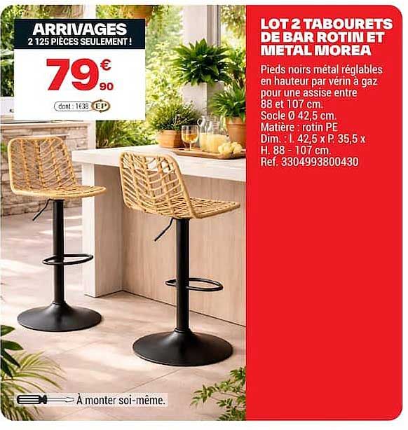 LOT 2 TABOURETS DE BAR ROTIN ET METAL MOREA