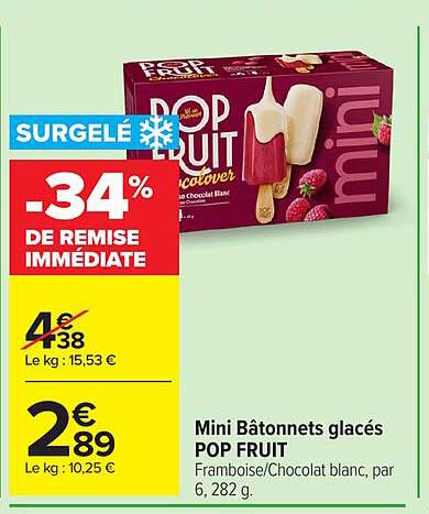 Mini Bâtonnets glacés POP FRUIT Framboise/Chocolat blanc, par 6, 282 g.