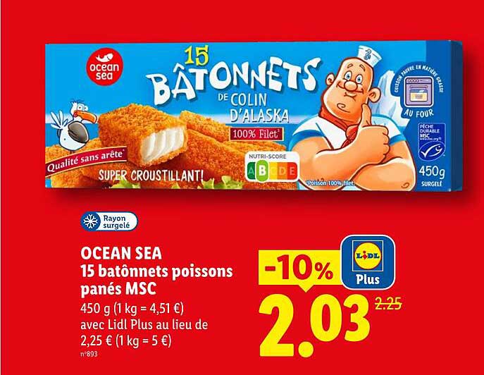 OCEAN SEA 15 bâtonnets poissons panés MSC 450 g