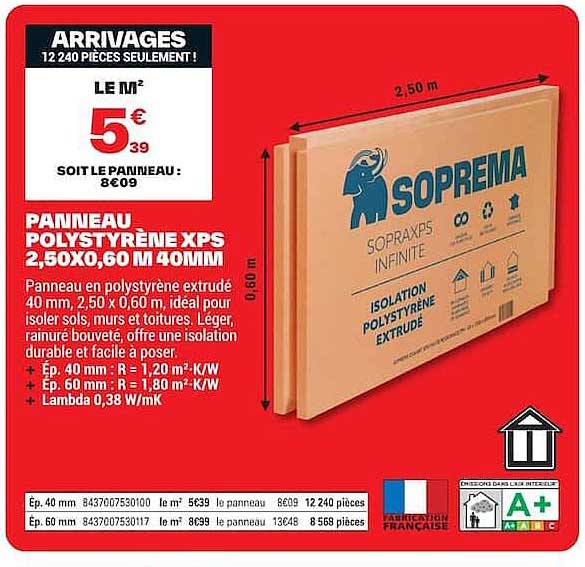 Panneau polystyrène XPS 2,50x0,60 m 40mm