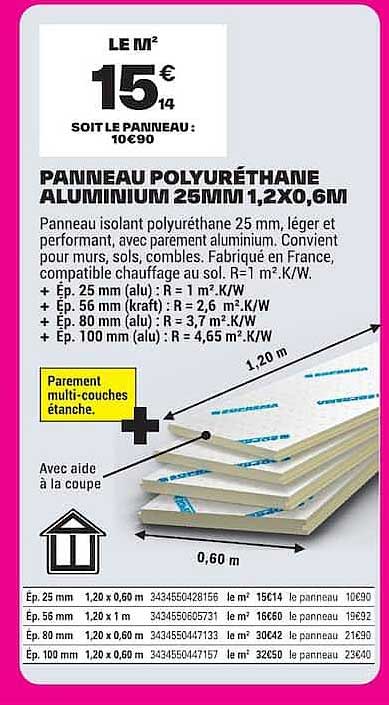 PANNEAU POLYURÉTHANE ALUMINIUM 25MM 1,2X0,6M