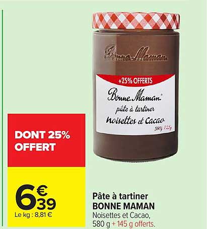 Pâte à tartiner BONNE MAMAN Noisettes et Cacao, 580 g + 145 g offerts.