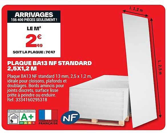 PLAQUE BA13 NF STANDARD 2,5X1,2 M