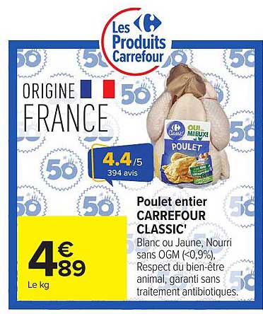 Poulet entier CARREFOUR CLASSIC'