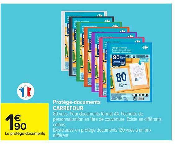 Protège-documents CARREFOUR 80 vues. Pour documents format A4. Pochette de personnalisation en 1ere de couverture. Existe en différents coloris.