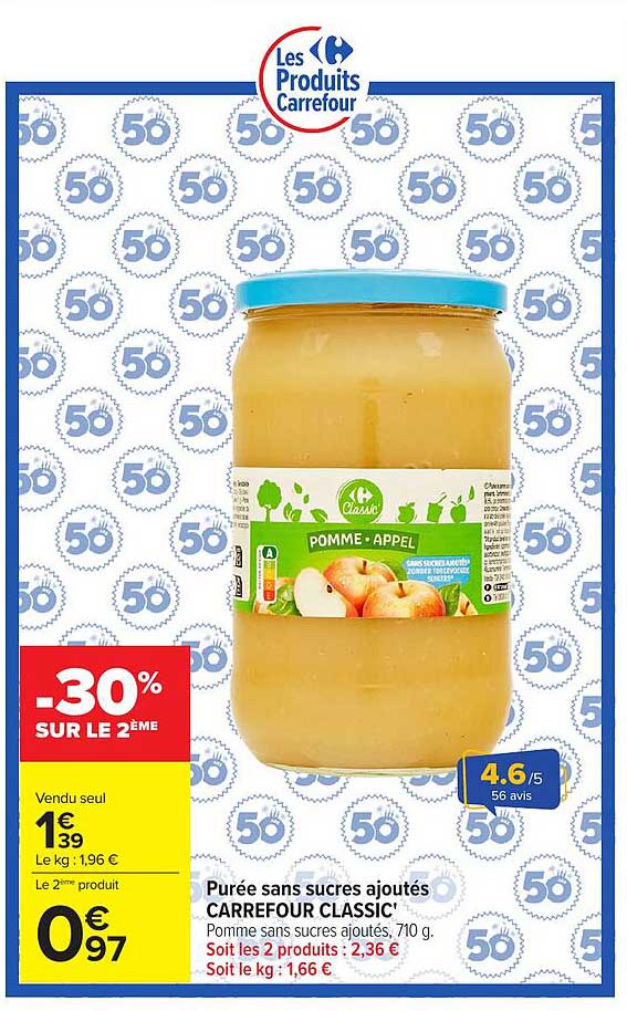 Purée sans sucres ajoutés CARREFOUR CLASSIC’ Pomme sans sucres ajoutés, 710 g.