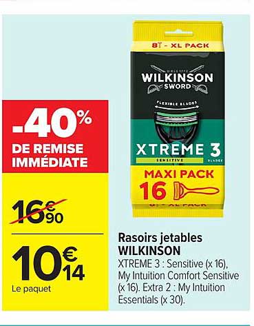 Rasoirs jetables WILKINSON XTREME 3 : Sensitive (x 16), Comfort Sensitive (x 16), Extra 2 : My Intuition Essentials (x 30)