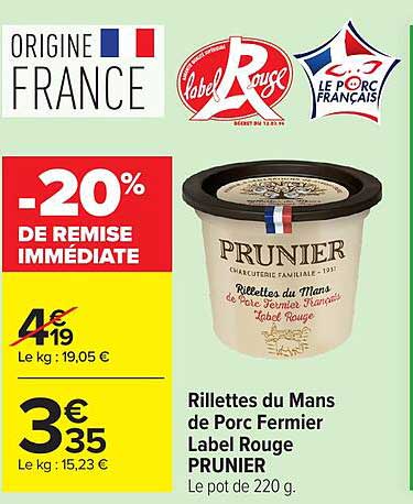 Rillettes du Mans de Porc Fermier Label Rouge PRUNIER
