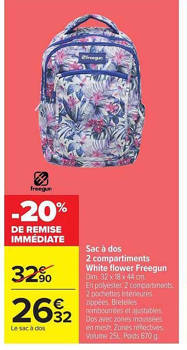 Sac à dos 2 compartiments White flower Freegun