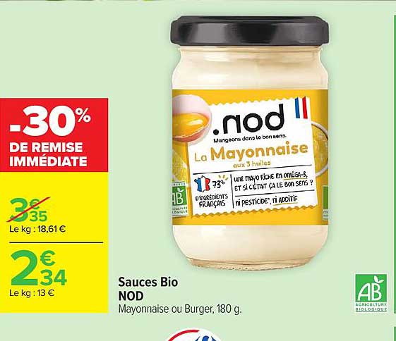 Sauces Bio NOD Mayonnaise ou Burger, 180 g.