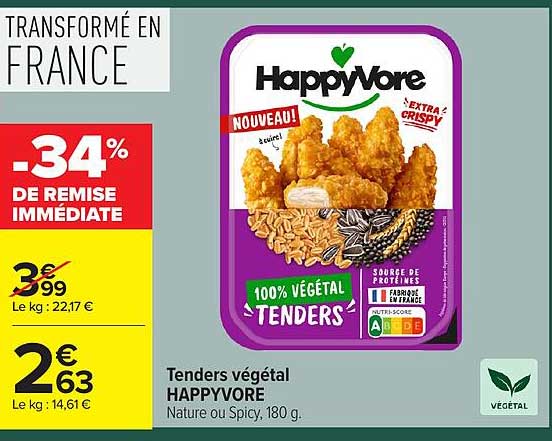 Tenders végétal HAPPVORE Nature ou Spicy, 180 g.