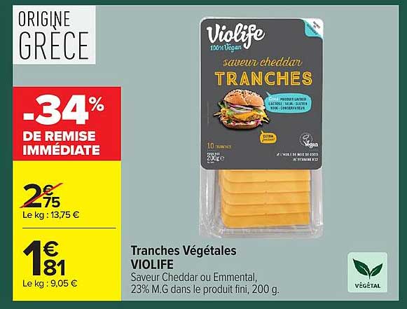 Tranches Végétales VIOLIFE Saveur Cheddar ou Emmental, 23% M.G dans le produit fini, 200 g