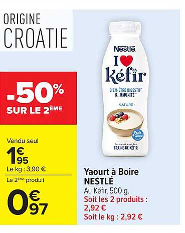 Yaourt à Boire NESTLÉ Au Kéfir, 500 g. Soit les 2 produits : 2,92 € Soit le kg : 2,92 €