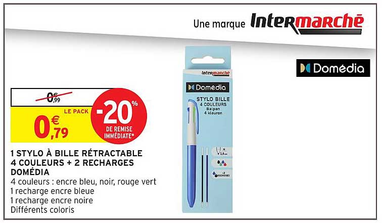 1 STYLO À BILLE RÉTRACTABLE 4 COULEURS + 2 RECHARGES DOMÉDIA