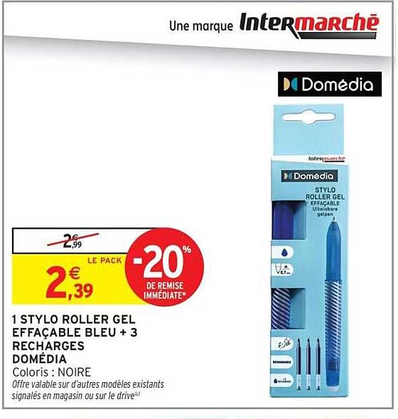 1 STYLO ROLLER GEL EFFACABLE BLEU + 3 RECHARGES DOMEDIA