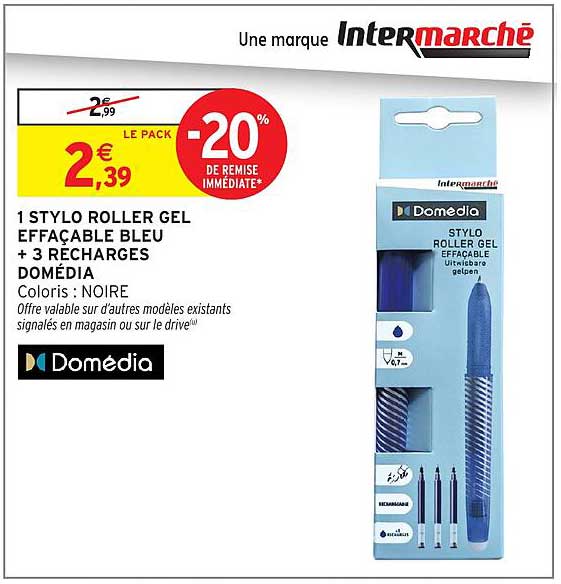 1 STYLO ROLLER GEL EFFACABLE BLEU + 3 RECHARGES DOMEDIA
