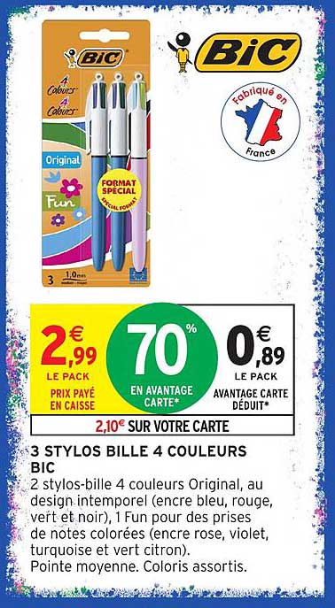 3 STYLOS BILLE 4 COULEURS BIC