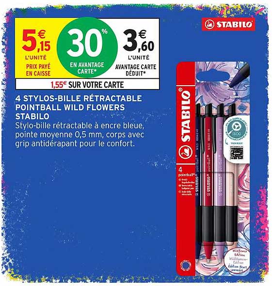 4 STYLOS-BILLE RÉTRACTABLE POINTBALL WILD FLOWERS STABILO
