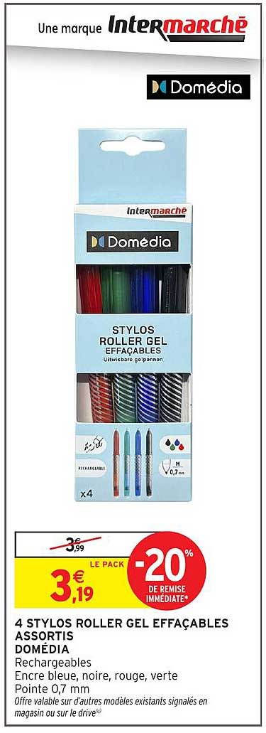 4 STYLOS ROLLER GEL EFFACABLES ASSORTIS DOMÉDIA