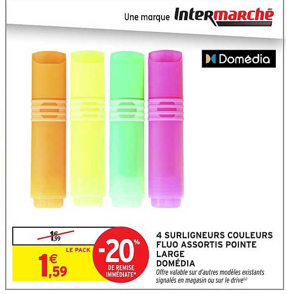 4 SURLIGNEURS COULEURS FLUO ASSORTIS POINTE LARGE DOMÉDIA